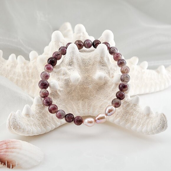 Pink Tourmaline & Edison Pearl Bracelet, Dainty Stackable Stretch Bracelet - Picture 6 of 11